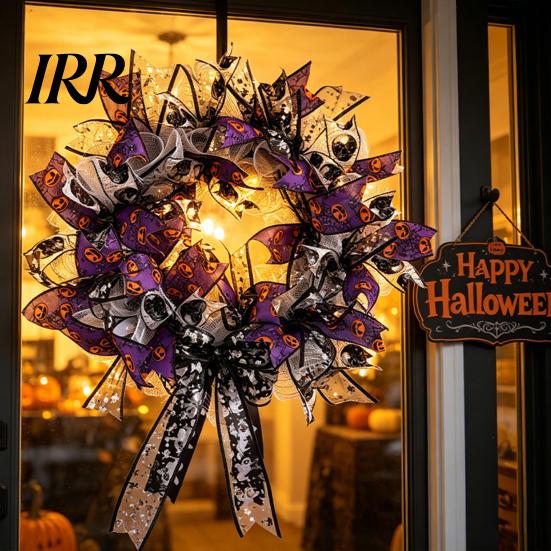 Halloween Spooky Wreath Mesh Ribbon for Front Door, Skull Pumpkin with Purple Decor Bow, Black Stripe Decorative Garland Doors Walls Windows