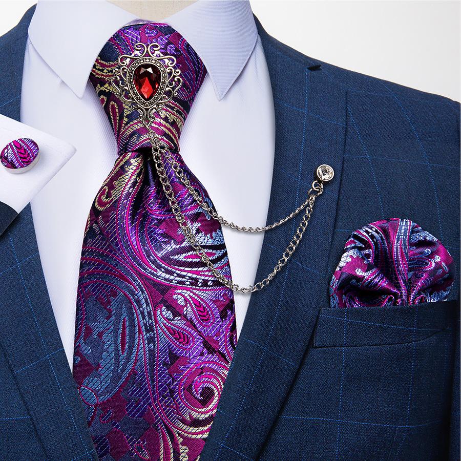 Paisley Tie for Men Necktie Silk Hanky Cufflink Set with Tie Ring Chain Brooch for Wedding Party