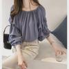 Блузка из шифона с открытыми плечами в корейском стиле 2025: Женский свободный топ-пузырь, приталенная базовая рубашка однотонного цвета