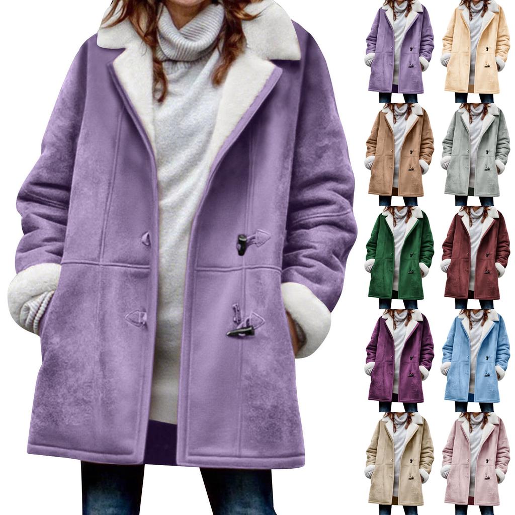Women's Fashionable Coat Solid Color Long Sleeved Pocket Loose Button Plush Jacket