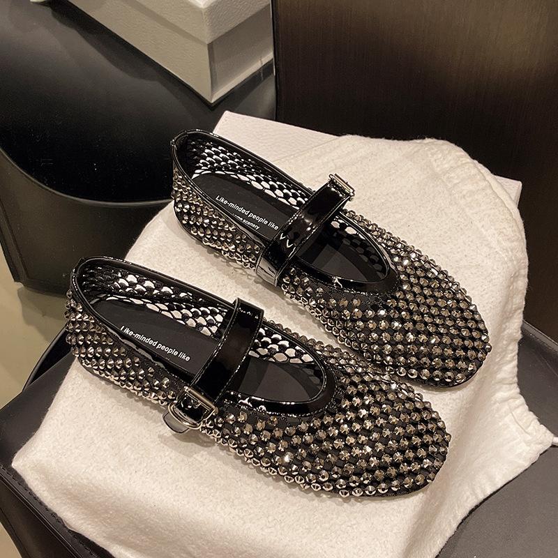 2025 New Flash Diamond One-word Buckle with Flat-soled Single Shoes Mary Jane Shoes Fashion Mesh Breathable Women's Shoes Ballet Shoes
