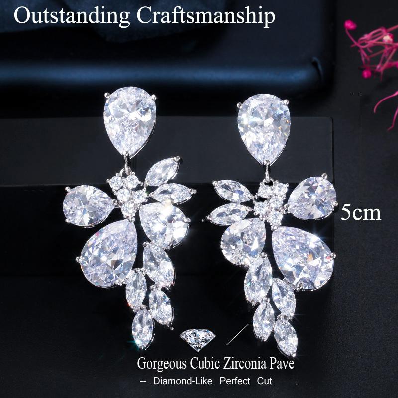 CMM Luxury Bridal Silver Color Jewelry Water Drop Cubic Zirconia Drop Earrings