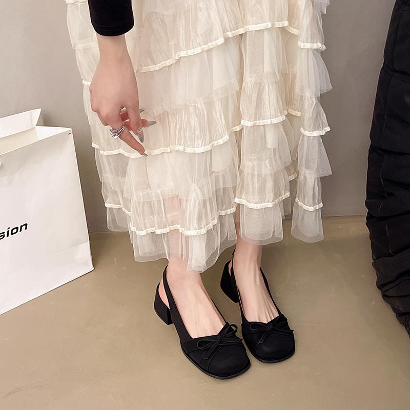 Fashion Women Square-toed Shallow Thick-heeled Sandals Elegant Bow Shoes Woman Summer Pu Ballerinas Soft Square Head Casual Sandals