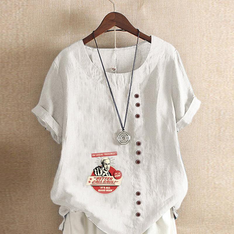 Women's Fashion Round Neck Short Sleeve T-shirt Casual Cotton Linen Graphic Shirt Pattern Prined Summer Blouse Tops Plus Size