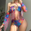 Women's 2024 European & American Print Tassel Halter Bikini Swimsuit Set, 4 Pieces