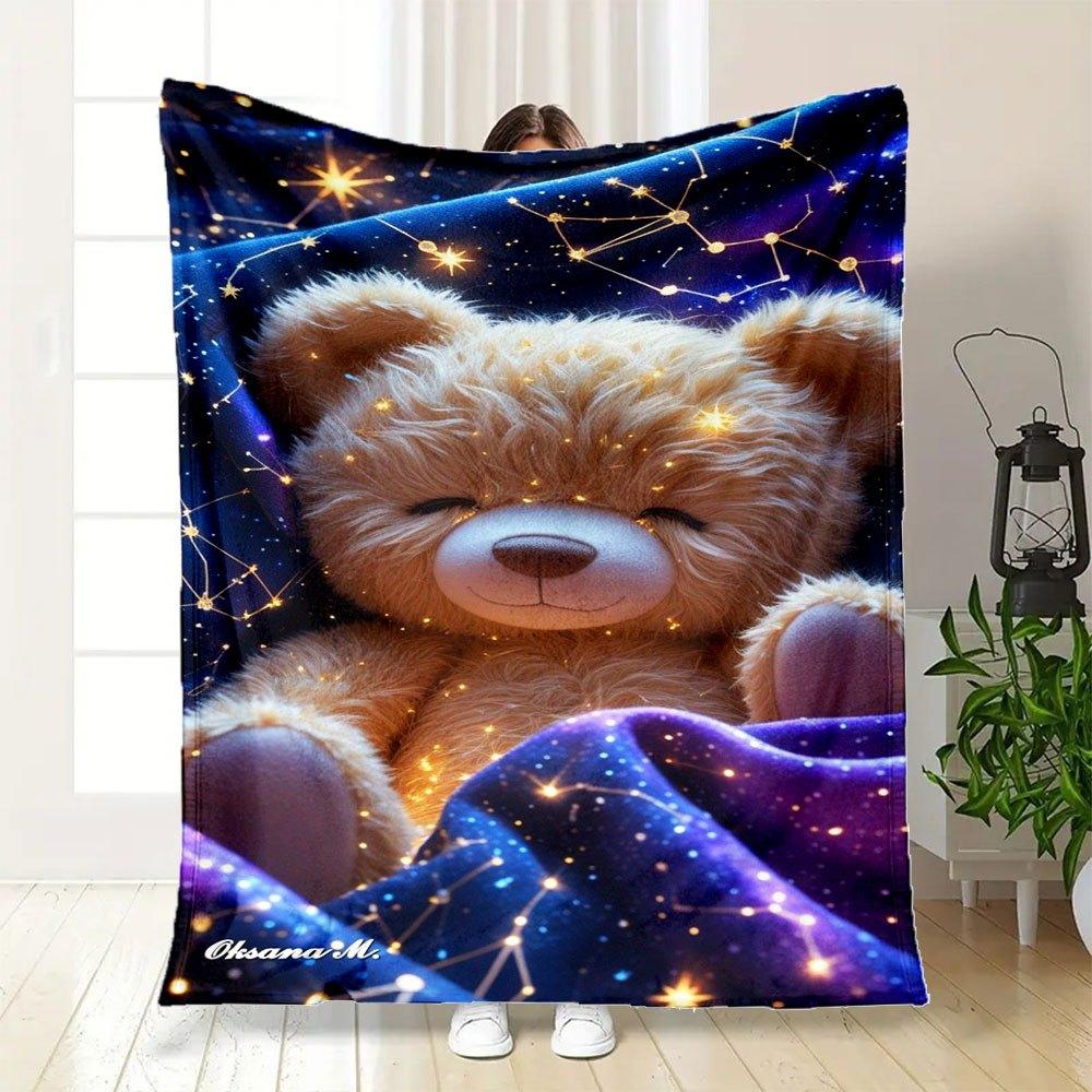 "Starry Night Teddy Bear Plush Toy - Celestial Comfort"Blanket Flannel Throw Blanket for Sofa, Bed, Travel, Camping, Office, Couch, Chair, A