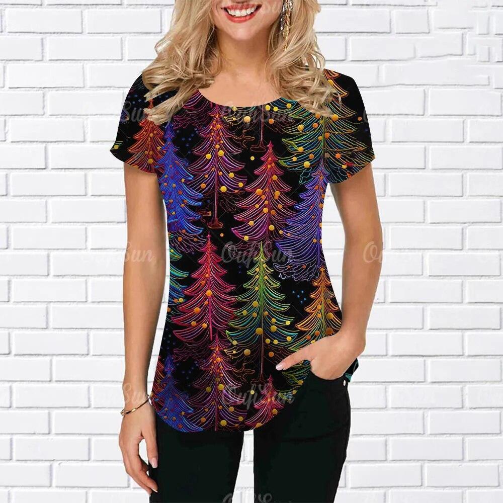Летний топ с круглым вырезом и 3D-принтом на рождественскую тематику, модная повседневная женская футболка с коротким рукавом