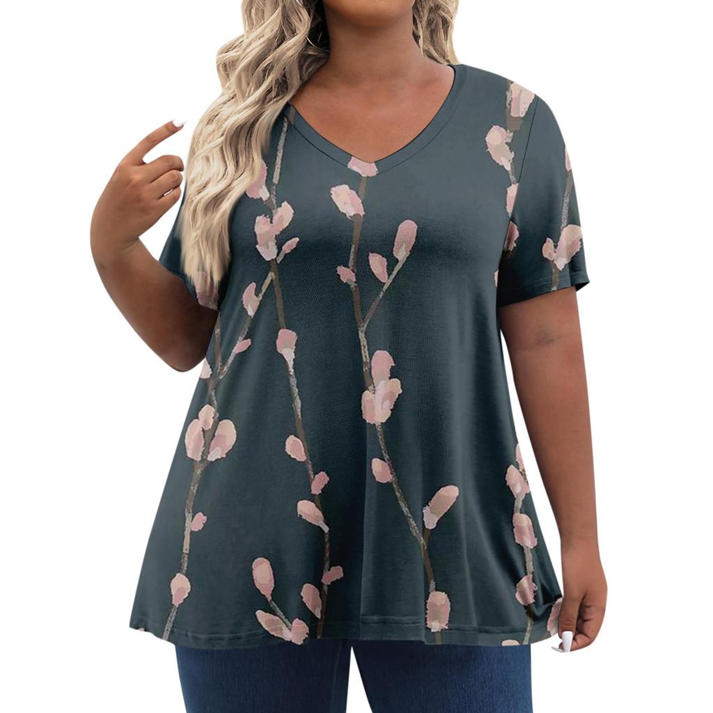 Женские топы больших размеров, шорты с рукавами, рубашки с V-образным вырезом, повседневная одежда, топы с принтом
