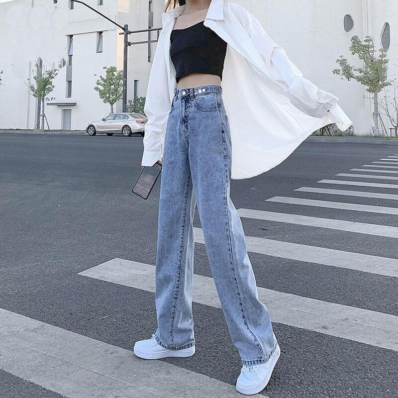 Весенние и осенние женские джинсы с регулируемой талией и высокой талией, прямые брюки в стиле ретро, ​​широкие длинные брюки со шваброй
