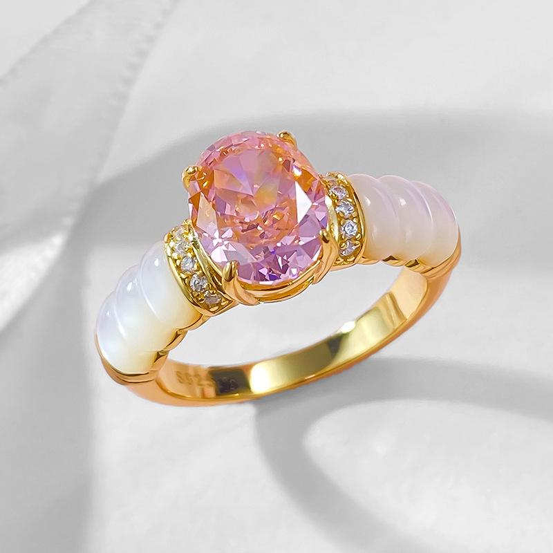 Luo Xi Temple 2024 Ice Flower Cut Ring: S925 Sterling Silver, White Mother-of-Pearl, Padparadscha, High Carbon Diamond, 7x9mm.