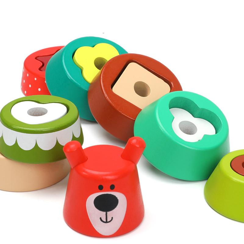 Montessori Wooden Toys for Baby Forest Bear Double Tower Stacking Games Toddlers Shape Color Cognition Fine Movement Puzzle Toy