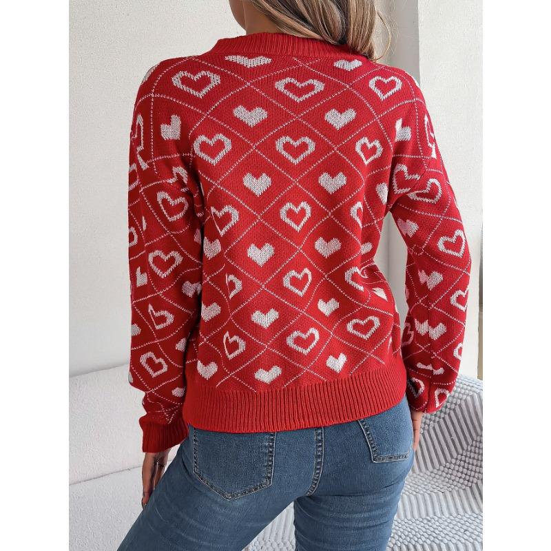 Women's Autumn and Winter Sweet Color Collision Love Lantern Sleeve Pullover Sweater