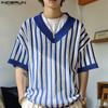 Men Oversized V Neck Half Sleeve Striped Tops Casual Spring Autumn Knitted Pullovers