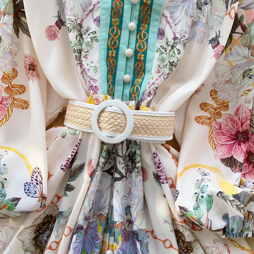 Spring Summer Women Vintage Designer Print Runway Dress V-neck Single Breasted Mini Short Party Dresses with Belt