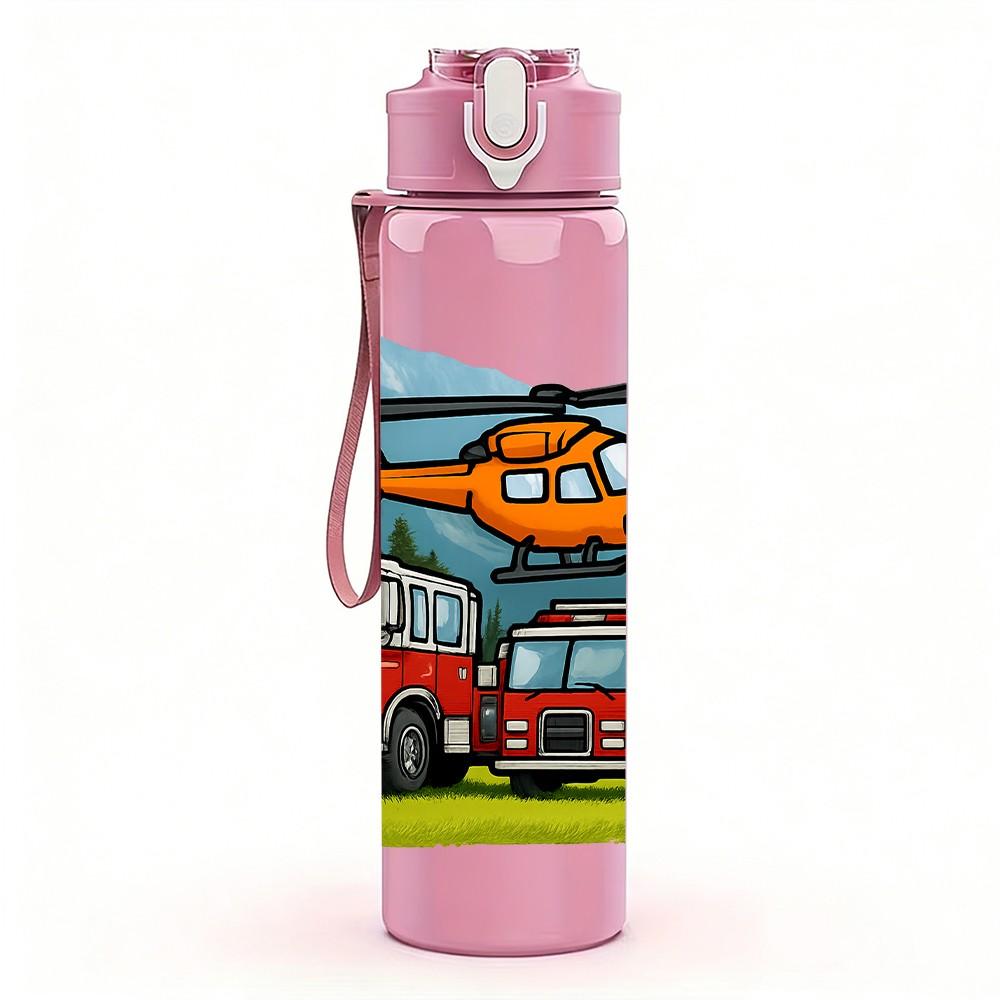 1PC Fire Truck Rescue Vehicle 750ml Color Plastic Sports Water Bottle Leakproof Flip Straw Lid Suitable for Sports Office Home Use