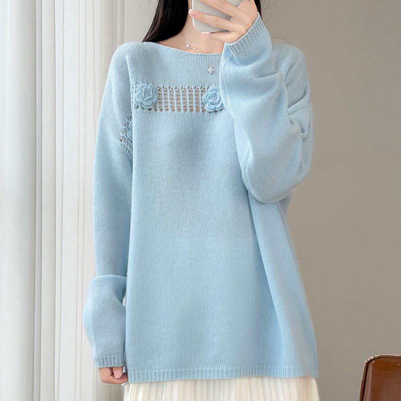 2026 Autumn/Winter Pure Wool One-Shoulder Knit Sweater with 3D Embroidery