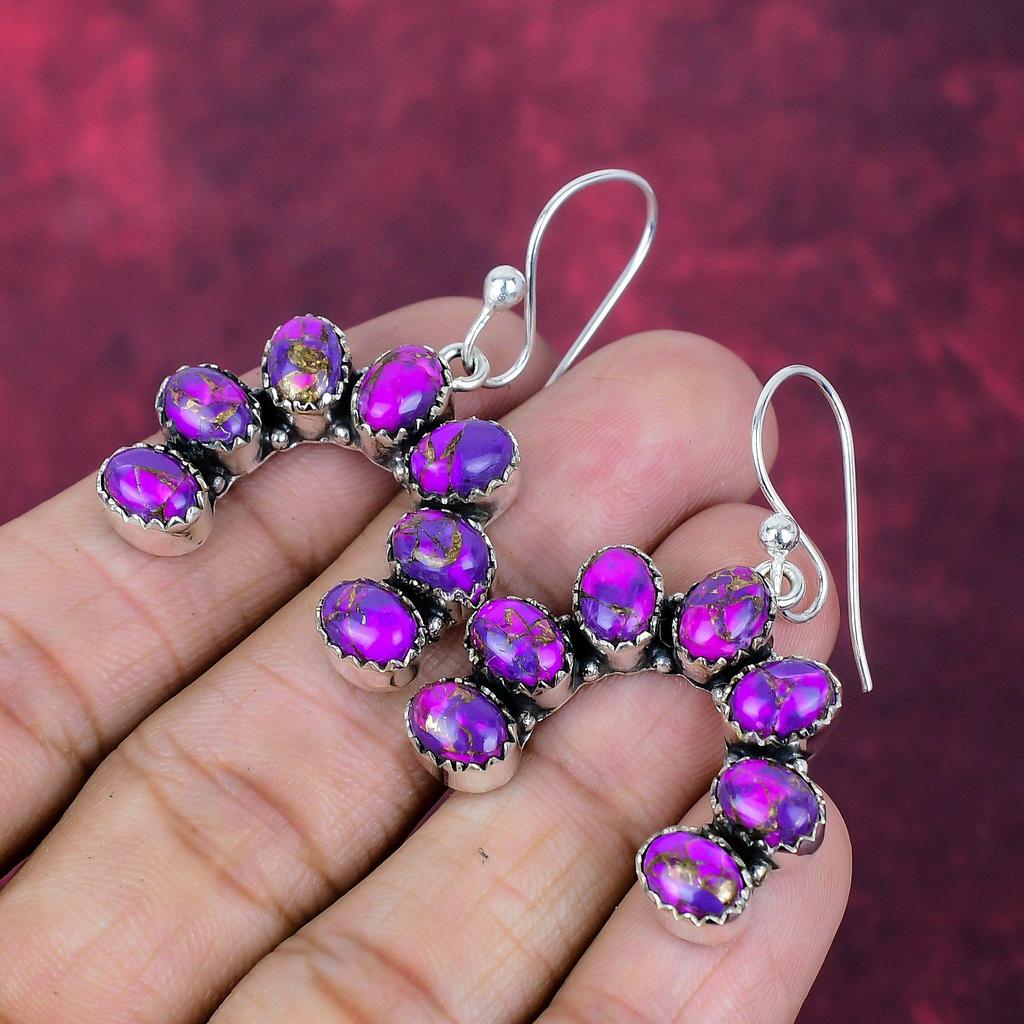 Purple Copper Turquoise Handmade Gemstone Earrings, 925 Solid Sterling Silver Earrings Antique Jewelry, For Engagement Gift