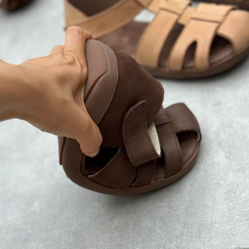 Johnature Сандалии на плоской подошве из натуральной кожи. Однотонная женская обувь ручной работы из тканой воловьей кожи в стиле ретро на мягкой подошве.