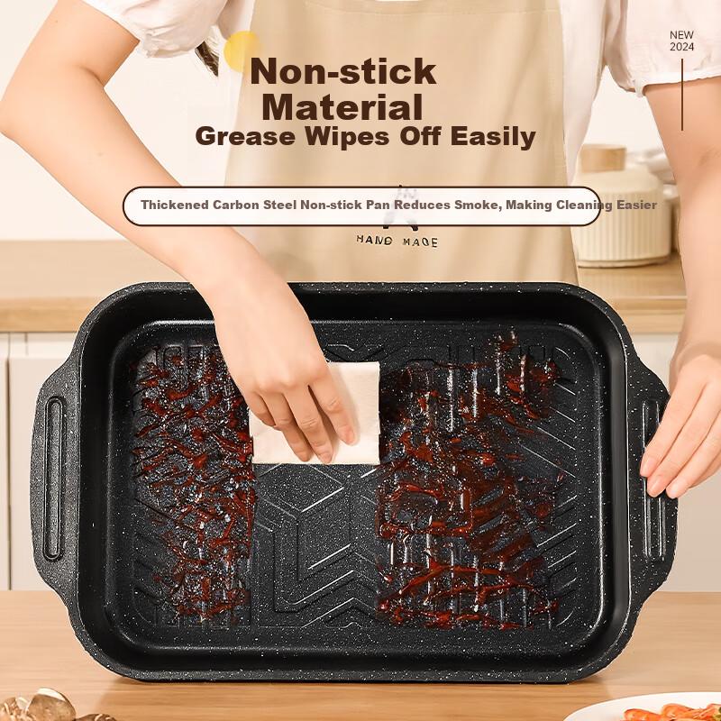 PAKCHOICE Rectangular Fish Grilling Pan with Lid, Specialized Grill Pan for Induction And Gas Stoves, Carbon Steel Non-Stick Baking Tray for Home Use