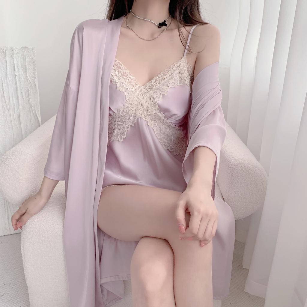 Розовый кружевной халат невесты свадебный женский комплект из 3 предметов пижамы шелковистый атласный кимоно халат платье весна-лето свободная атласная домашняя одежда