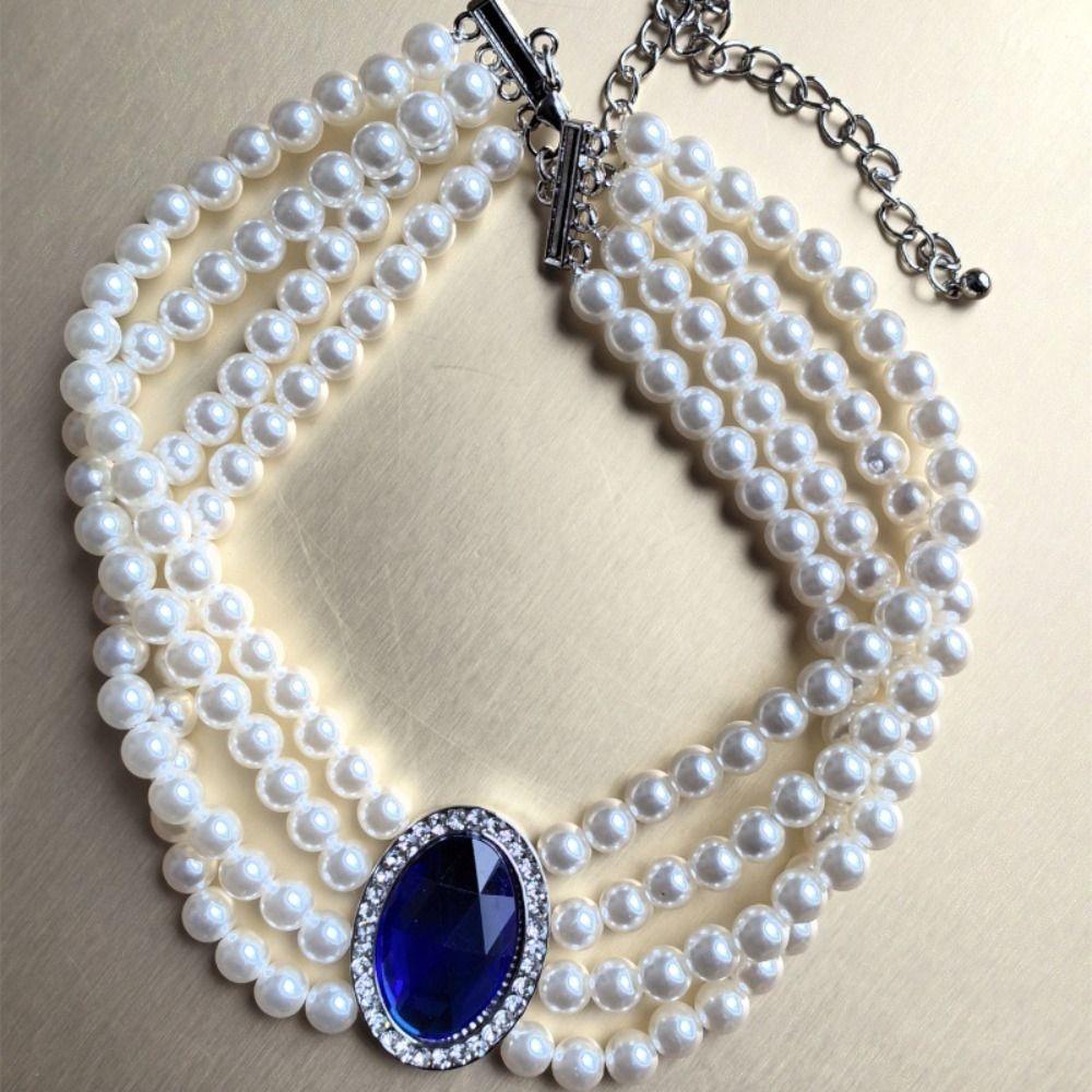 Четырехслойное ожерелье со стразами, цепочка на ключицу с синими драгоценными камнями, жемчужный воротник, чокер, свадьба