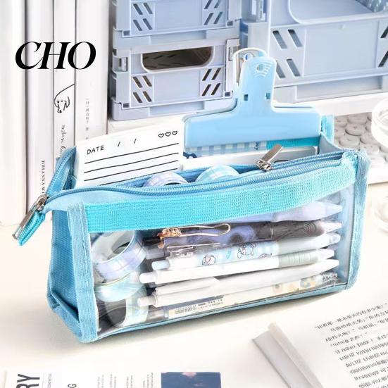 Fresh Color Stationery Bag Transparent Mesh Pencil Case for Middle School Students Large Pouch Capacity Multilayer Storage with Compartments