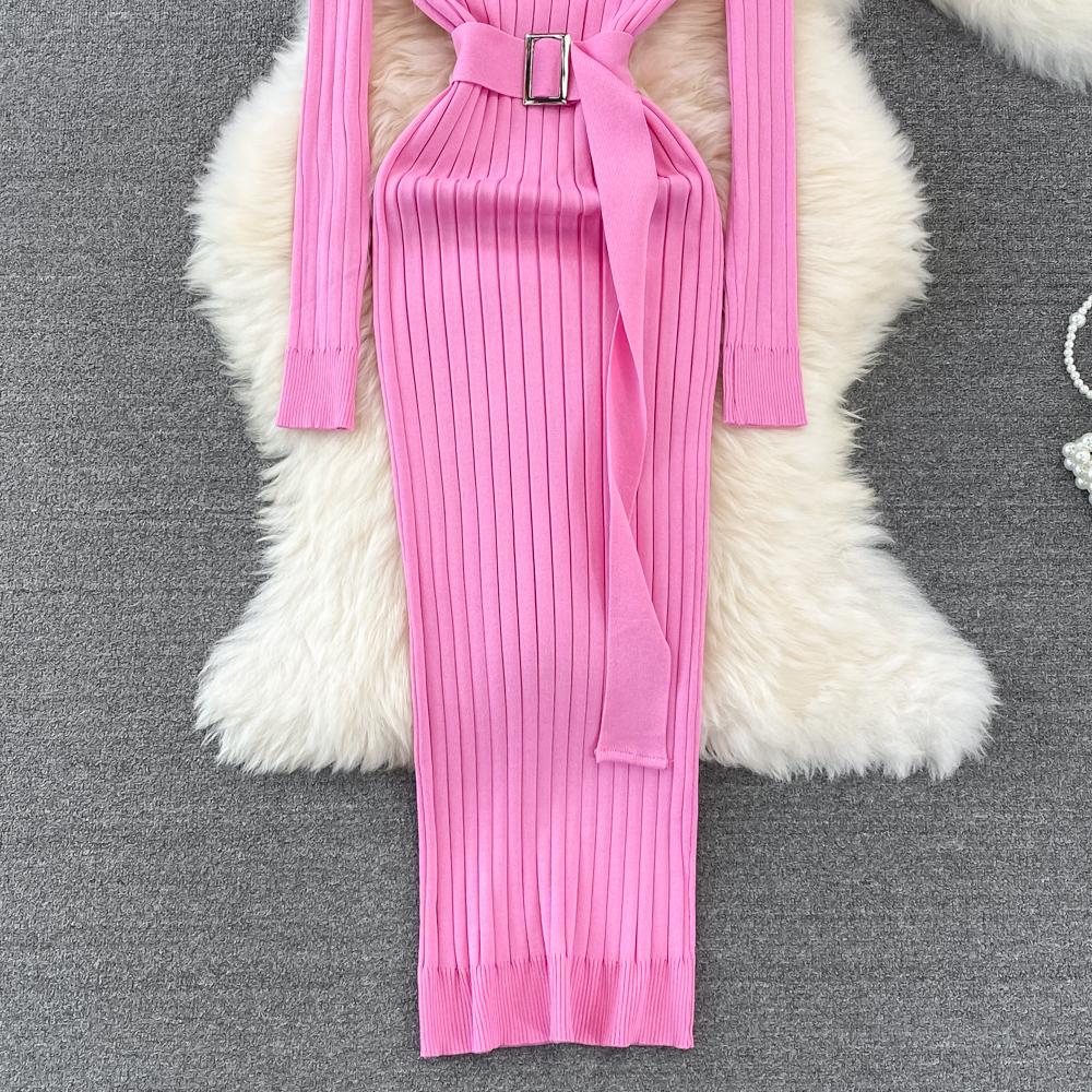 Шикарное элегантное облегающее платье с высоким воротником и длинными рукавами и поясом, пикантное модное вязаное платье, тонкий осенне-зимний свитер-карандаш, халат