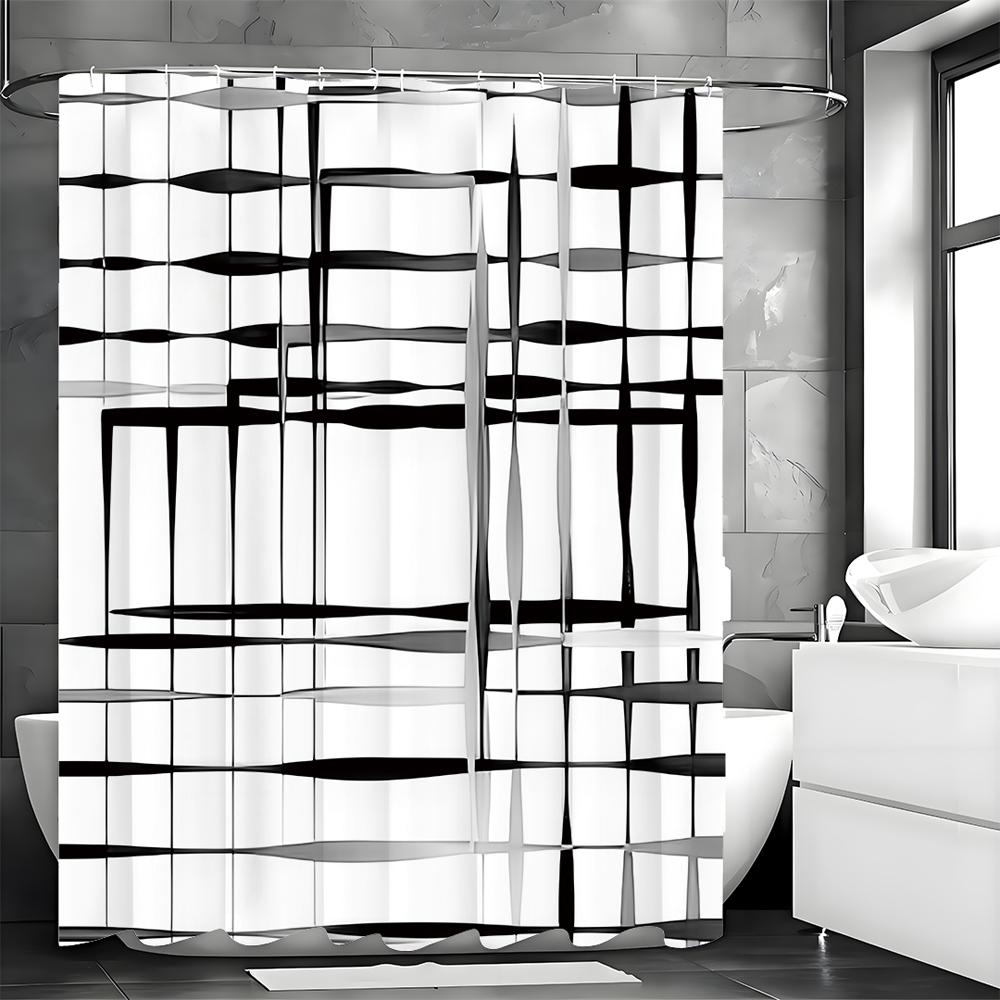 Modern Geometric Line Abstract Minimalist Shower Curtain, Bathroom Decorative Shower Curtain, Waterproof Shower Curtain with Hoo