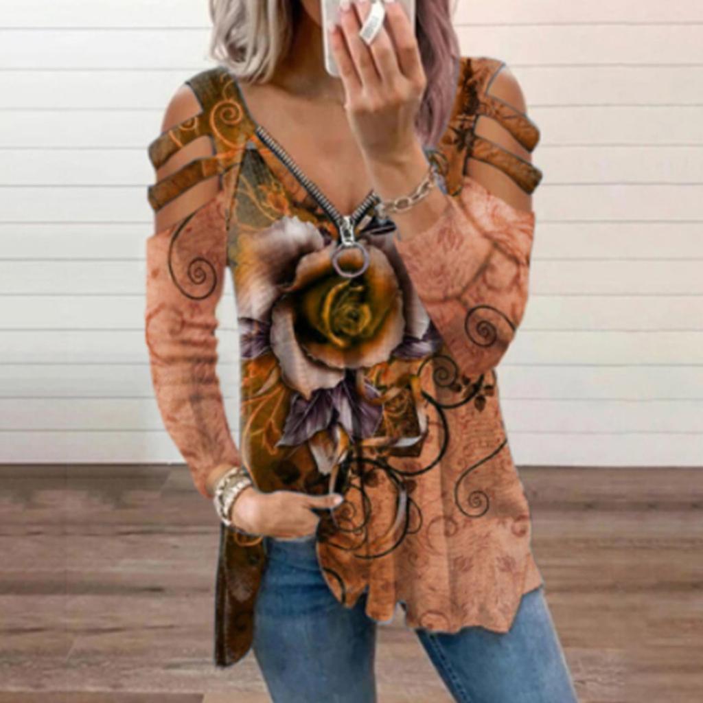 Модная женская повседневная футболка со свободным воротником на молнии с v-образным вырезом и принтом розы и длинными рукавами