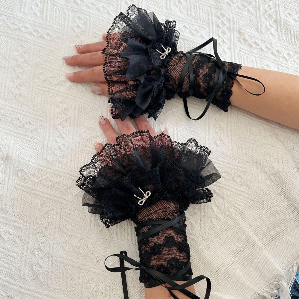 Sleeves Lace Fingerless Oversleeve Elastic Ruffled Wrist Cuffs Arm Cover Strappy Bow Gloves Lolita