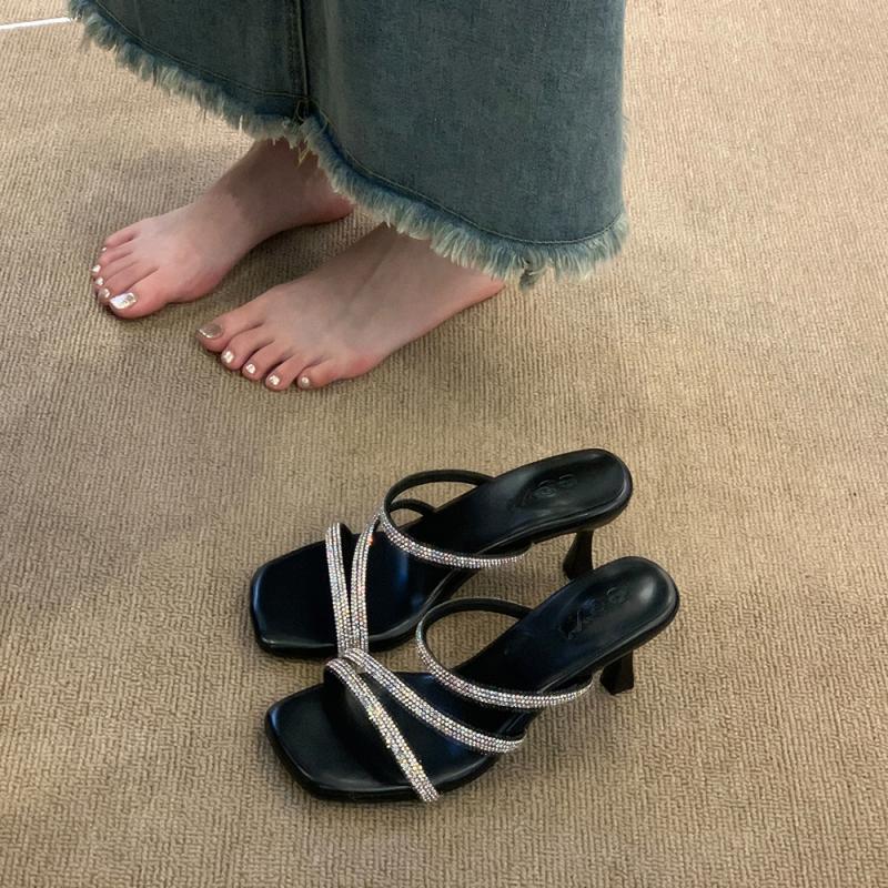 Яркая морская звезда под ночным небом с крутыми шлепанцами, женские сандалии со стразами на лето, шлепанцы на высоком каблуке с квадратным носком