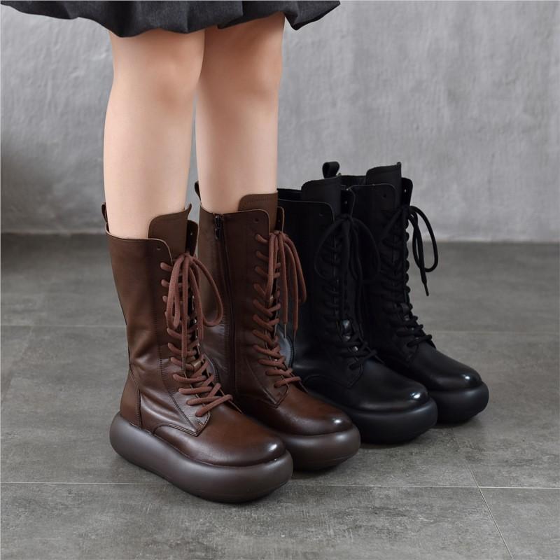 Johnature Ботинки до середины икры из натуральной кожи с круглым носком и толстой подошвой, в стиле ретро, на шнуровке, с боковой молнией, универсальные женские ботинки