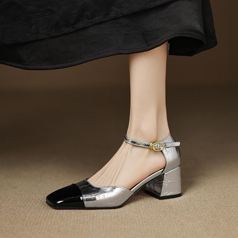 Модные женские новые весенне-летние цветные кожаные туфли с квадратным носком на высоком каблуке, сандалии с крупной эластичной пряжкой на ремне