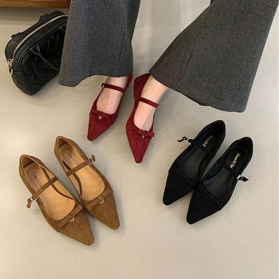 Осень-зима 2025 новая модель, замшевые туфли-лодочки с острым носком, на толстом низком каблуке, с открытой союзкой, универсальные, на ремешке с бантом, с мягкой подошвой, женские туфли