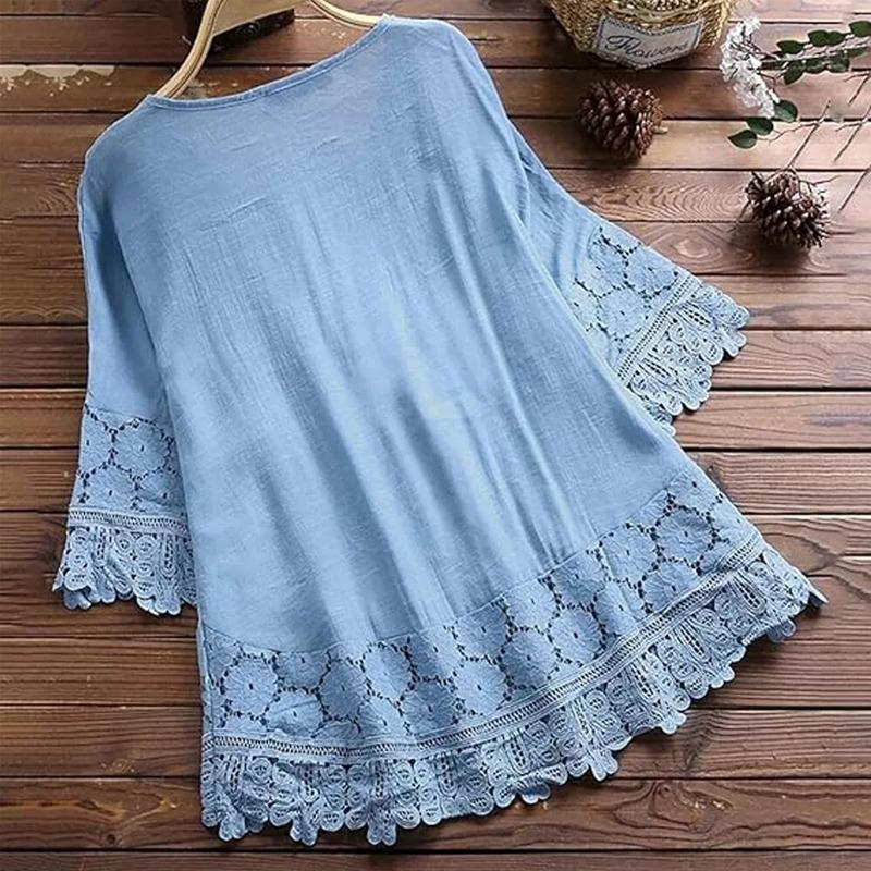 Summer Women's Lace T-shirt Floral Mini Dress Cotton Five-point Sleeve V-neck Loose Casual Bohemian Style T-shirt Top
