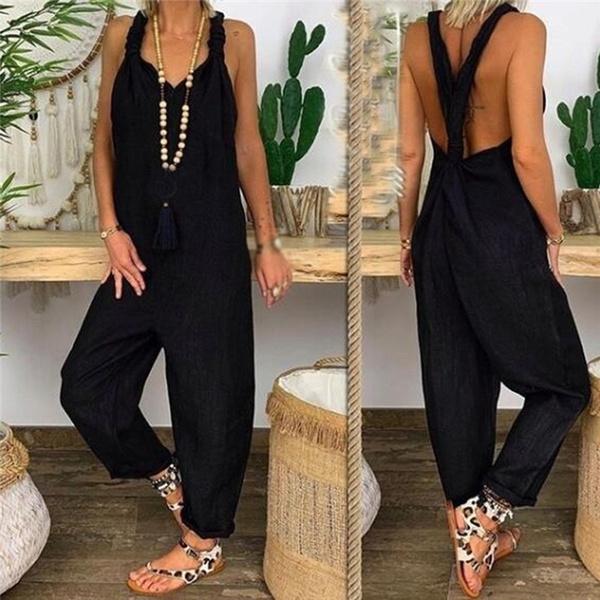 Women Casual Loose One-piece Suspender Pants Summer Solid Color Sleeveless Baggy Rompers Classic Long Overalls Jumpsuits