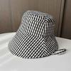 Classic plaid bucket hat ladies summer outing outdoor camping visor hat big edge strap sun hat