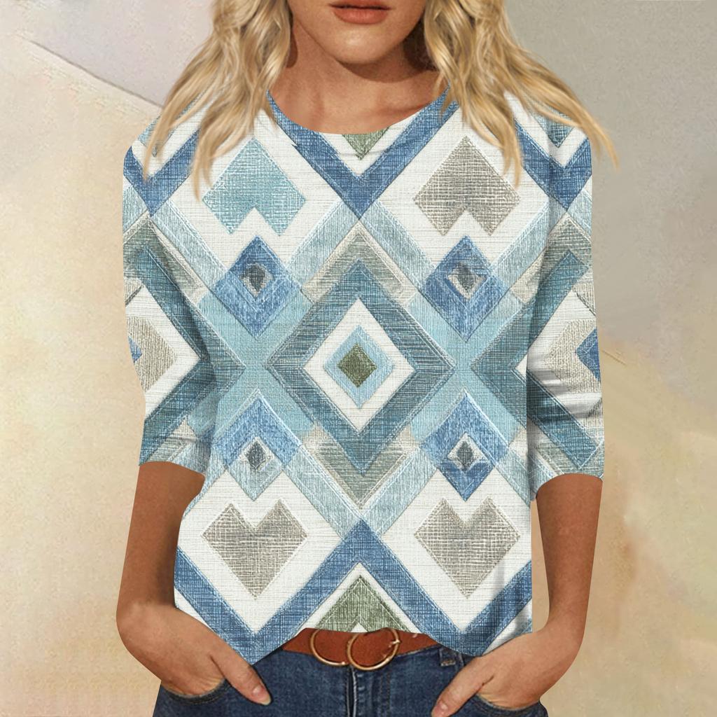 Women's Fashion Casual Round Neck Three-quarter Sleeve Gradient Print T-shirt Top