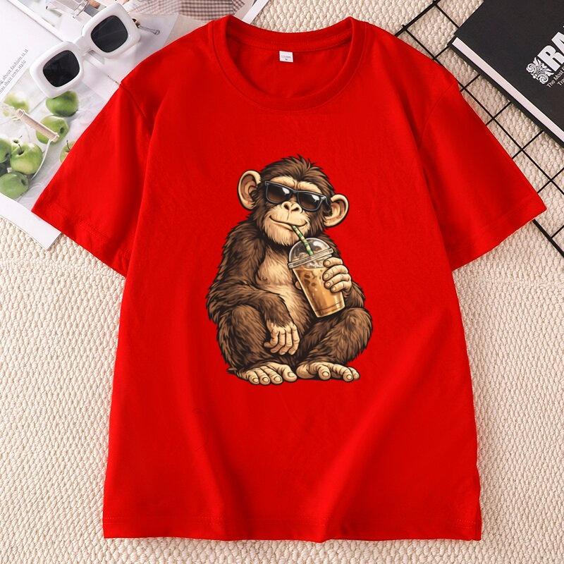 Funny Monkey Drinking Iced Coffee T Shirt Unisex Unisex Streetwear Animal Graphic TShirt Summer Short Sleeve Round Neck Tops