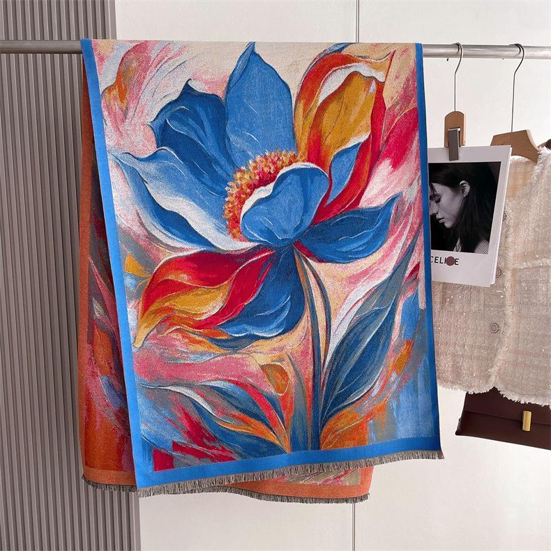 2024 Осень/Зима Новый утолщенный теплый двухсторонний двухцветный шарф из искусственного кашемира с кисточками, высококачественный воротник-шаль