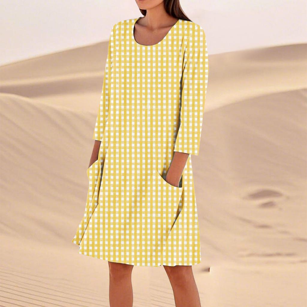 Женское однотонное модное свободное повседневное платье с рукавом три четверти Женское модное свободное повседневное платье с принтом в горошек и рукавом три четверти