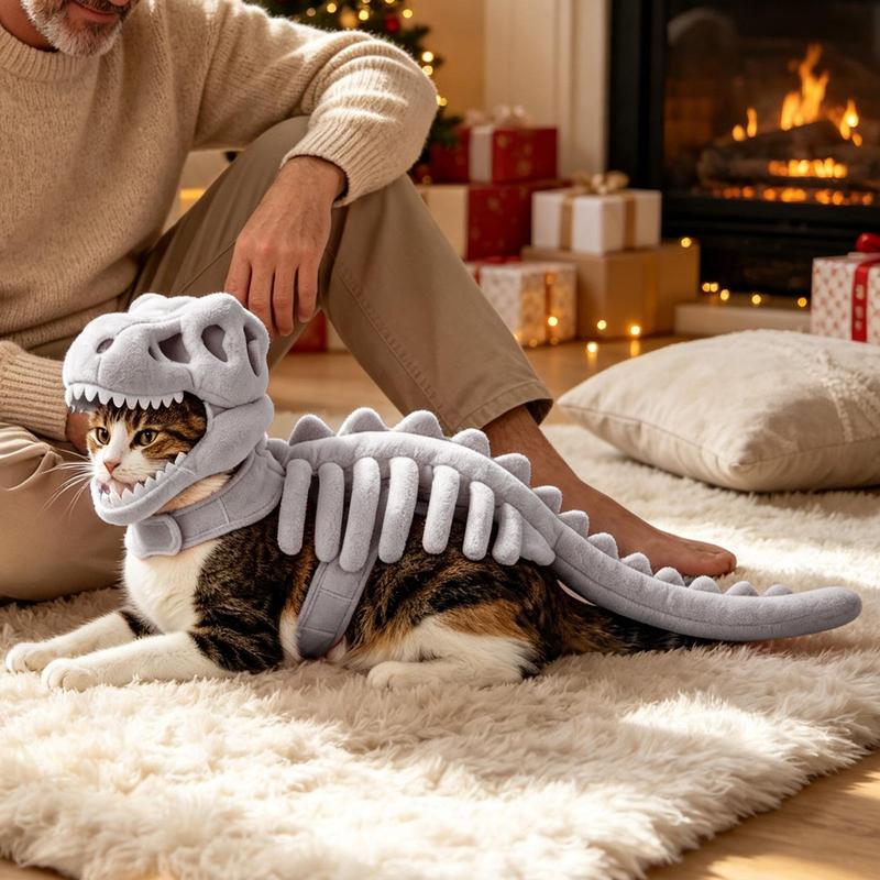 Dinosaur Skeleton Costume Soft Plush 3D Skeleton Funny Cosplay Outfit Halloween Pet Costume For Puppy Kitten Daily Birthday
