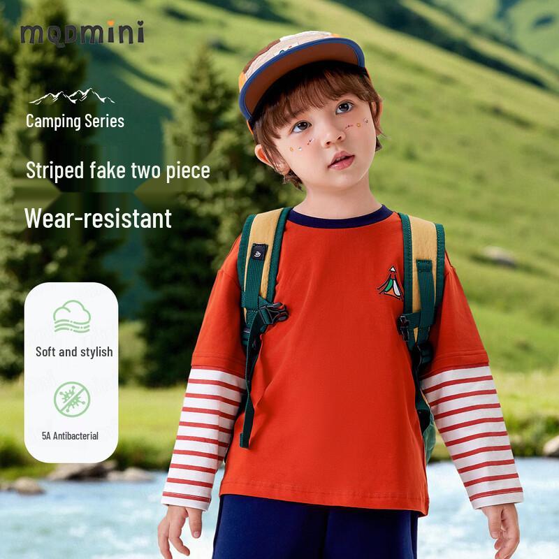 MQDMINI Футболка с длинным рукавом для мальчиков, антибактериальная, в полоску, имитация двух предметов