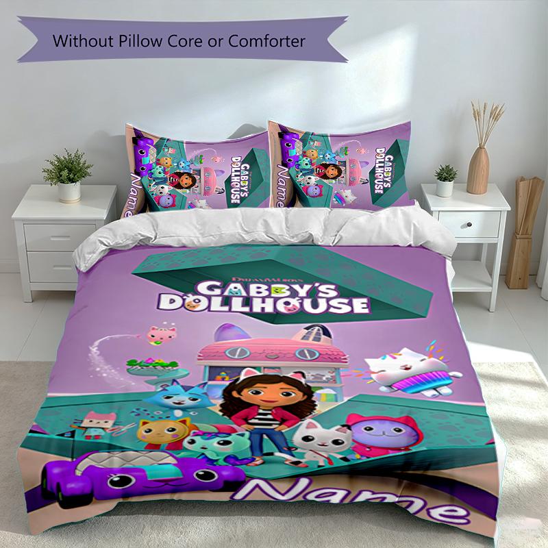 3pcs Custom Name Gabby's Dollhouse Set,Includes 1 Duvet Cover and 2 Pillowcases,All-season Bedroom Decor