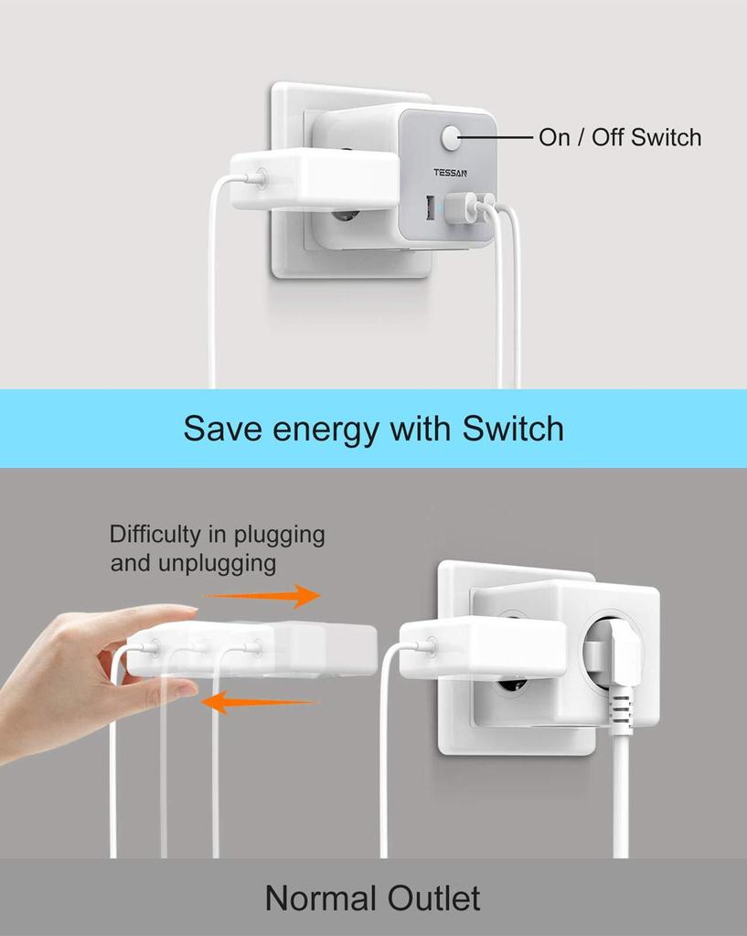 Tessan Серый/белый/черный адаптер питания с вилкой европейского стандарта с переключателем, 3 розетками и 3 портами USB, удлинитель с несколькими розетками европейского стандарта для дома, офиса, путешествий