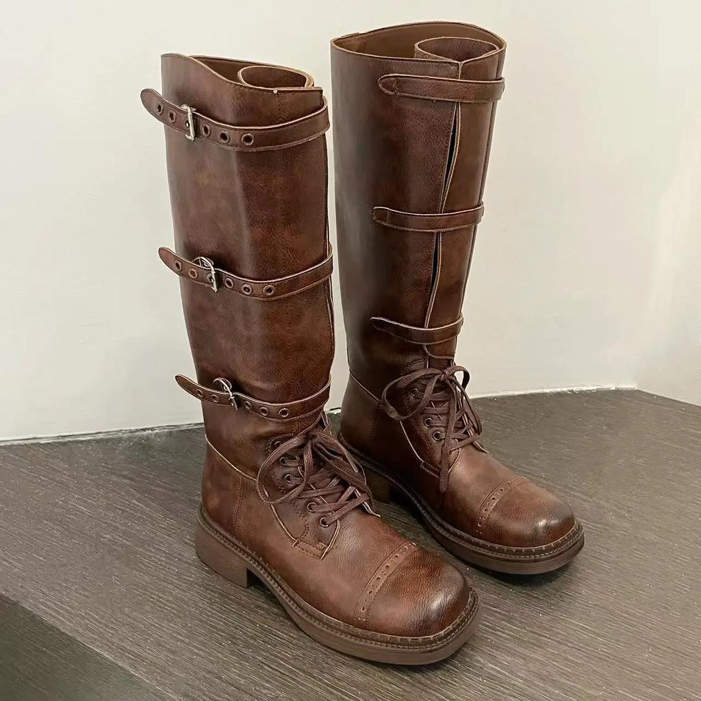 Новые осенние винтажные сапоги 2025 года Женские ковбойские сапоги в западном стиле Дизайнерские сапоги на среднем каблуке Слипоны Длинные кожаные сапоги-рыцари Кавалерийские сапоги