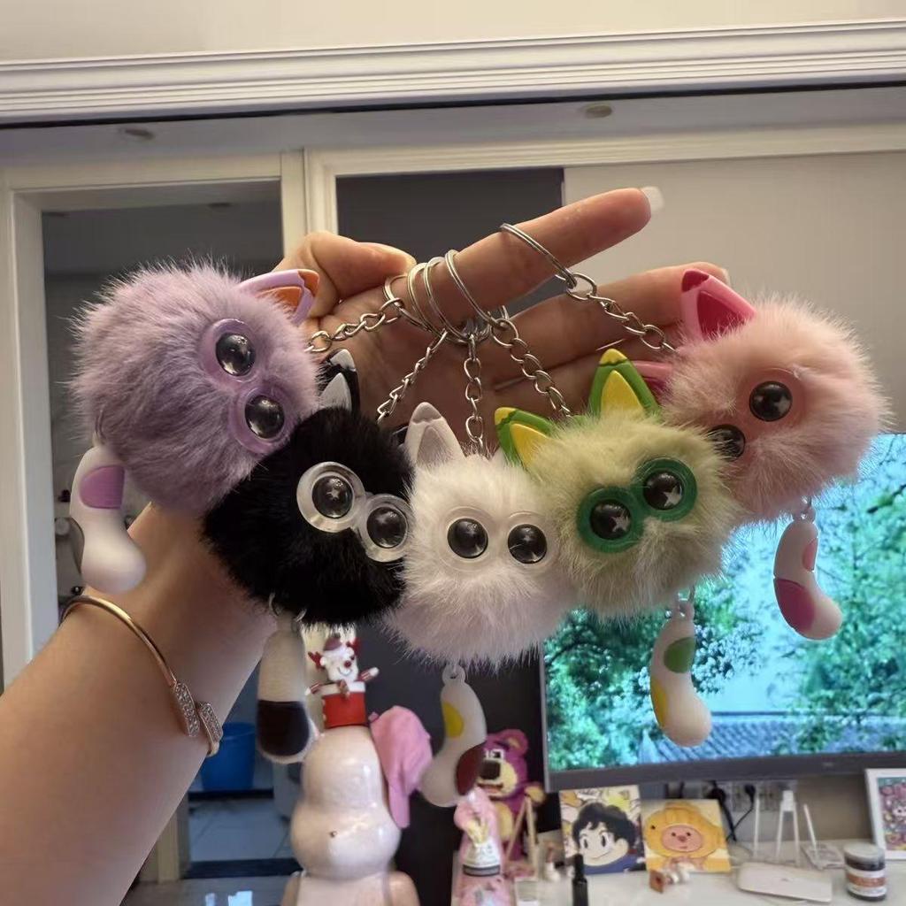 Adorable Rex Rabbit Fur Kitten Keychain - Plush Heart Cartoon Design with Free Shipping