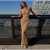 Sequined See Through Party Women Dress Shiny Slim Sleeveless Pleated Knot Hip Package Evening Lady Robe