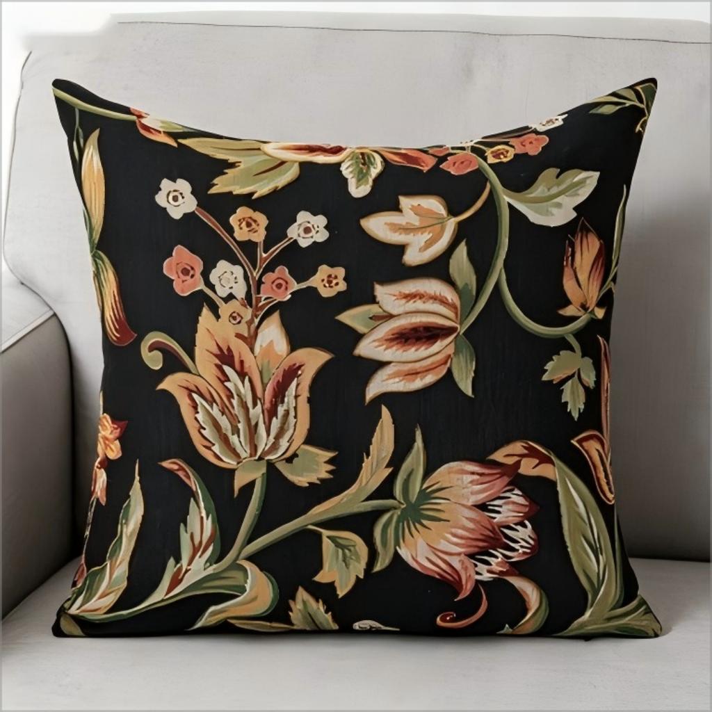 Vintage Black Floral Tapestry Print Throw Pillow Cover, Dark Academia Botanical Decorative Cushion