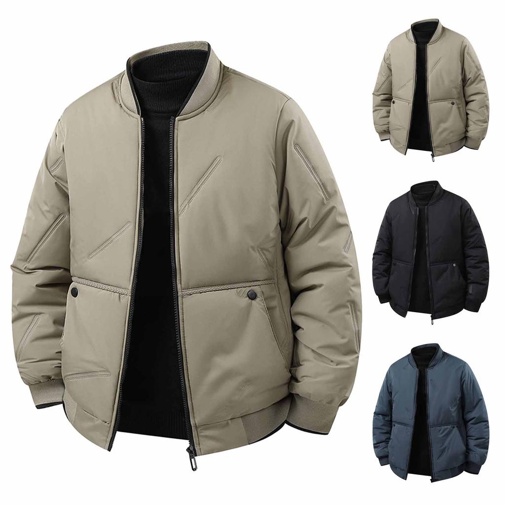 Men's Large Pocket Zipper Jacket Sports Leisure Baseball Collar Thick Warm Quilted Coat